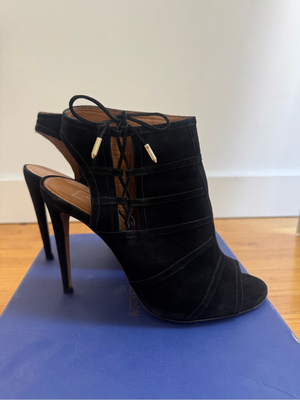 Aquazzura Black Suede Lace-Up Peep Toe Stiletto Booties